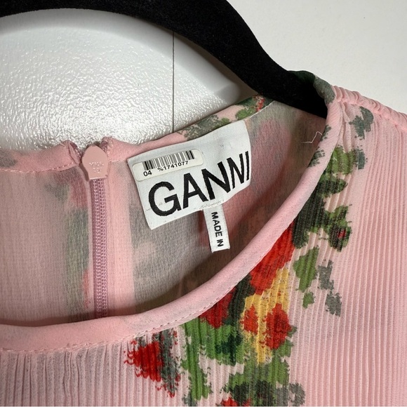 GANNI Floral-Print Pleated Georgette Ruffle Tiered Short Dress Size US 4 - Picture 4 of 14